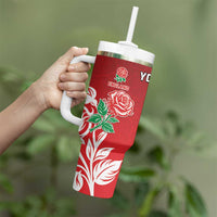 New Zealand And England Rugby Custom Tumbler With Handle Maori Tiki With Red Rose Together