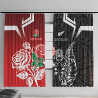 New Zealand And England Rugby Window Curtain Maori Tiki With Red Rose Together