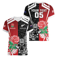 New Zealand And England Rugby Custom Women V-Neck T-Shirt Maori Tiki With Red Rose Together
