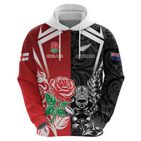 New Zealand And England Rugby Custom Zip Hoodie Maori Tiki With Red Rose Together