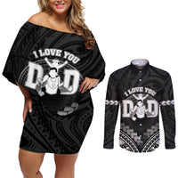 Personalised Happy Father's Day Couples Matching Off Shoulder Short Dress and Long Sleeve Button Shirt I Love You Dad Polynesian Style