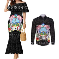 Guam Chamorro Couples Matching Mermaid Dress and Long Sleeve Button Shirt Tribal Latte Stone With Dolphins Black LT05 Black - Polynesian Pride