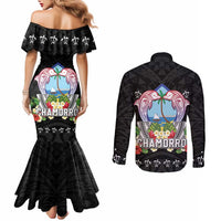 Guam Chamorro Couples Matching Mermaid Dress and Long Sleeve Button Shirt Tribal Latte Stone With Dolphins Black LT05 - Polynesian Pride