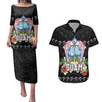 Guam Chamorro Couples Matching Puletasi and Hawaiian Shirt Tribal Latte Stone With Dolphins Black LT05 Black - Polynesian Pride