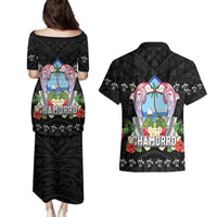 Guam Chamorro Couples Matching Puletasi and Hawaiian Shirt Tribal Latte Stone With Dolphins Black LT05 - Polynesian Pride