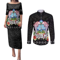Guam Chamorro Couples Matching Puletasi and Long Sleeve Button Shirt Tribal Latte Stone With Dolphins Black LT05 Black - Polynesian Pride