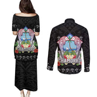 Guam Chamorro Couples Matching Puletasi and Long Sleeve Button Shirt Tribal Latte Stone With Dolphins Black LT05 - Polynesian Pride
