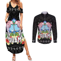 Guam Chamorro Couples Matching Summer Maxi Dress and Long Sleeve Button Shirt Tribal Latte Stone With Dolphins Black LT05 Black - Polynesian Pride