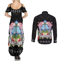 Guam Chamorro Couples Matching Summer Maxi Dress and Long Sleeve Button Shirt Tribal Latte Stone With Dolphins Black LT05 - Polynesian Pride