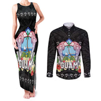 Guam Chamorro Couples Matching Tank Maxi Dress and Long Sleeve Button Shirt Tribal Latte Stone With Dolphins Black LT05 Black - Polynesian Pride