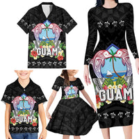 Guam Chamorro Family Matching Long Sleeve Bodycon Dress and Hawaiian Shirt Tribal Latte Stone With Dolphins Black
