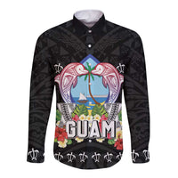 Guam Chamorro Long Sleeve Button Shirt Tribal Latte Stone With Dolphins Black LT05 Unisex Black - Polynesian Pride