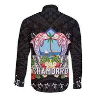 Guam Chamorro Long Sleeve Button Shirt Tribal Latte Stone With Dolphins Black LT05 - Polynesian Pride