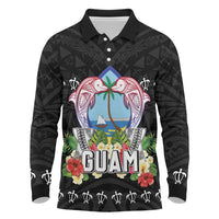 Guam Chamorro Long Sleeve Polo Shirt Tribal Latte Stone With Dolphins Black LT05 Black - Polynesian Pride