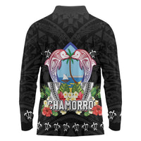 Guam Chamorro Long Sleeve Polo Shirt Tribal Latte Stone With Dolphins Black LT05 - Polynesian Pride