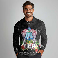 Guam Chamorro Long Sleeve Polo Shirt Tribal Latte Stone With Dolphins Black LT05 - Polynesian Pride