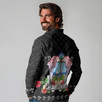 Guam Chamorro Long Sleeve Polo Shirt Tribal Latte Stone With Dolphins Black LT05 - Polynesian Pride