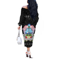 Guam Chamorro Off The Shoulder Long Sleeve Dress Tribal Latte Stone With Dolphins Black
