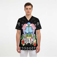 Guam Chamorro Scrub Top Tribal Latte Stone With Dolphins Black - Polynesian Pride