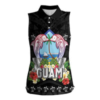 Guam Chamorro Women Sleeveless Polo Shirt Tribal Latte Stone With Dolphins Black LT05 Female Black - Polynesian Pride