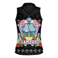 Guam Chamorro Women Sleeveless Polo Shirt Tribal Latte Stone With Dolphins Black LT05 - Polynesian Pride
