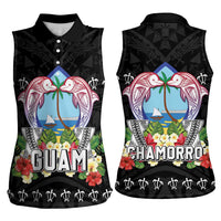 Guam Chamorro Women Sleeveless Polo Shirt Tribal Latte Stone With Dolphins Black LT05 - Polynesian Pride