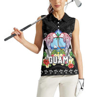 Guam Chamorro Women Sleeveless Polo Shirt Tribal Latte Stone With Dolphins Black LT05 - Polynesian Pride