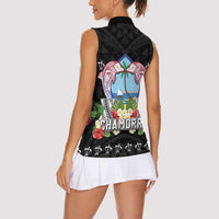 Guam Chamorro Women Sleeveless Polo Shirt Tribal Latte Stone With Dolphins Black LT05 - Polynesian Pride