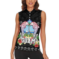 Guam Chamorro Women Sleeveless Polo Shirt Tribal Latte Stone With Dolphins Black LT05 - Polynesian Pride