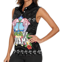 Guam Chamorro Women Sleeveless Polo Shirt Tribal Latte Stone With Dolphins Black LT05 - Polynesian Pride