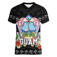 Guam Chamorro Women V-Neck T-Shirt Tribal Latte Stone With Dolphins Black LT05 Female Black - Polynesian Pride