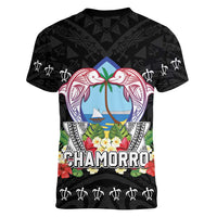 Guam Chamorro Women V-Neck T-Shirt Tribal Latte Stone With Dolphins Black LT05 - Polynesian Pride