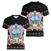 Guam Chamorro Women V-Neck T-Shirt Tribal Latte Stone With Dolphins Black LT05 - Polynesian Pride