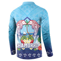 Guam Chamorro Button Sweatshirt Tribal Latte Stone With Dolphins Blue LT05 - Polynesian Pride