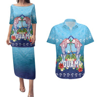 Guam Chamorro Couples Matching Puletasi and Hawaiian Shirt Tribal Latte Stone With Dolphins Blue LT05 Blue - Polynesian Pride