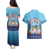 Guam Chamorro Couples Matching Puletasi and Hawaiian Shirt Tribal Latte Stone With Dolphins Blue LT05 - Polynesian Pride