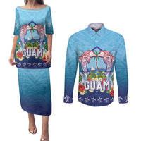 Guam Chamorro Couples Matching Puletasi and Long Sleeve Button Shirt Tribal Latte Stone With Dolphins Blue LT05 Blue - Polynesian Pride
