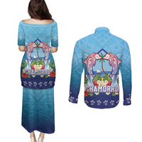 Guam Chamorro Couples Matching Puletasi and Long Sleeve Button Shirt Tribal Latte Stone With Dolphins Blue LT05 - Polynesian Pride
