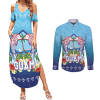 Guam Chamorro Couples Matching Summer Maxi Dress and Long Sleeve Button Shirt Tribal Latte Stone With Dolphins Blue LT05 Blue - Polynesian Pride
