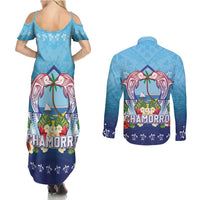 Guam Chamorro Couples Matching Summer Maxi Dress and Long Sleeve Button Shirt Tribal Latte Stone With Dolphins Blue LT05 - Polynesian Pride