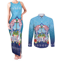 Guam Chamorro Couples Matching Tank Maxi Dress and Long Sleeve Button Shirt Tribal Latte Stone With Dolphins Blue LT05 Blue - Polynesian Pride