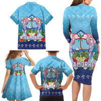 Guam Chamorro Family Matching Long Sleeve Bodycon Dress and Hawaiian Shirt Tribal Latte Stone With Dolphins Blue