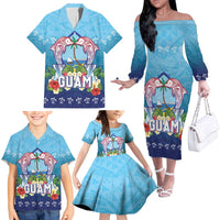 Guam Chamorro Family Matching Off The Shoulder Long Sleeve Dress and Hawaiian Shirt Tribal Latte Stone With Dolphins Blue