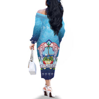 Guam Chamorro Family Matching Off The Shoulder Long Sleeve Dress and Hawaiian Shirt Tribal Latte Stone With Dolphins Blue