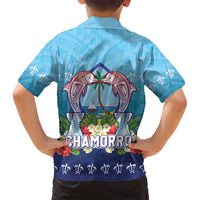 Guam Chamorro Family Matching Puletasi and Hawaiian Shirt Tribal Latte Stone With Dolphins Blue LT05 - Polynesian Pride