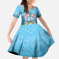 Guam Chamorro Family Matching Puletasi and Hawaiian Shirt Tribal Latte Stone With Dolphins Blue LT05 Daughter's Dress Blue - Polynesian Pride