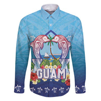 Guam Chamorro Family Matching Puletasi and Hawaiian Shirt Tribal Latte Stone With Dolphins Blue LT05 Dad's Shirt - Long Sleeve Blue - Polynesian Pride