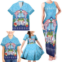 Guam Chamorro Family Matching Tank Maxi Dress and Hawaiian Shirt Tribal Latte Stone With Dolphins Blue