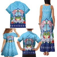 Guam Chamorro Family Matching Tank Maxi Dress and Hawaiian Shirt Tribal Latte Stone With Dolphins Blue