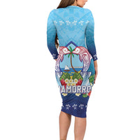 Guam Chamorro Long Sleeve Bodycon Dress Tribal Latte Stone With Dolphins Blue
